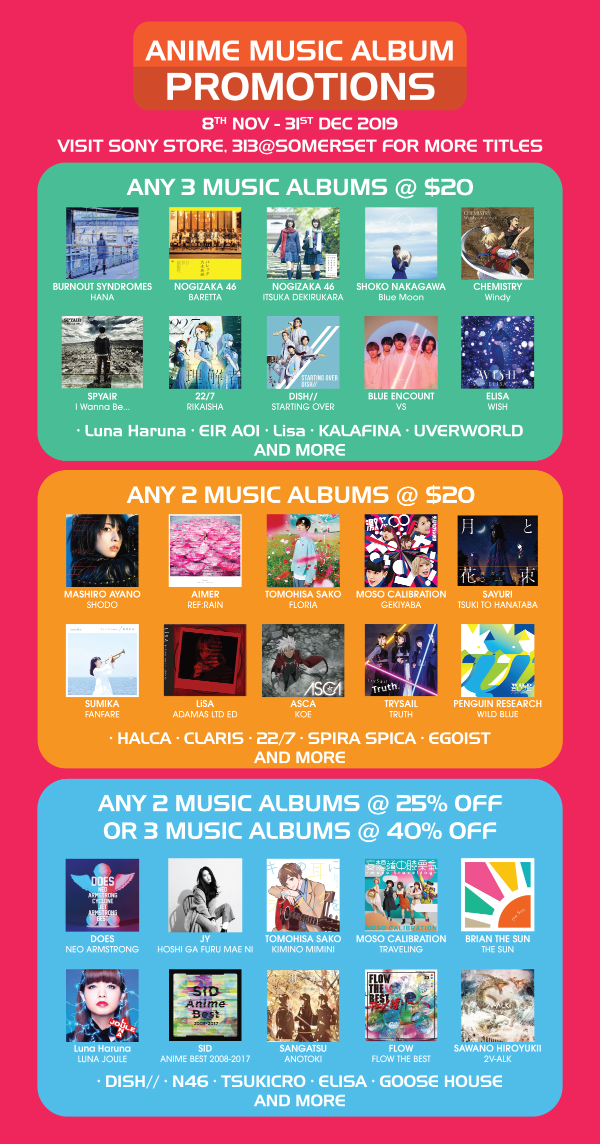 Enjoy up to 40% off & free 2x posters with every purchase from 8th Nov to 31st Dec 2019. Visit Sony Store, 313@somerset to check out the full range of albums.