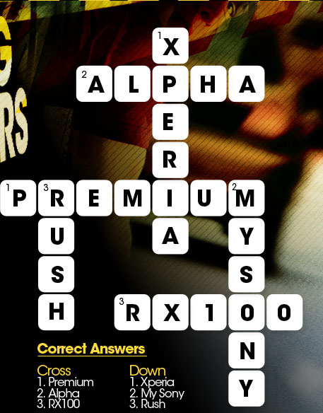 Correct Answers
Cross
1. Premium
2. Alpha
3. RX100	
Down
1. Xperia
2. My Sony
3. Rush