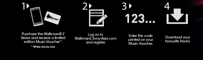 1 - Purchase the Walkman&reg;Z Series and receive a limited edition Music Voucher*. (*While stocks last.) | 2. Log on to WalkmanZ.Sony-Asia.com and register | 3. Enter the code printed on your Music Voucher. | 4. Download your favourite tracks.